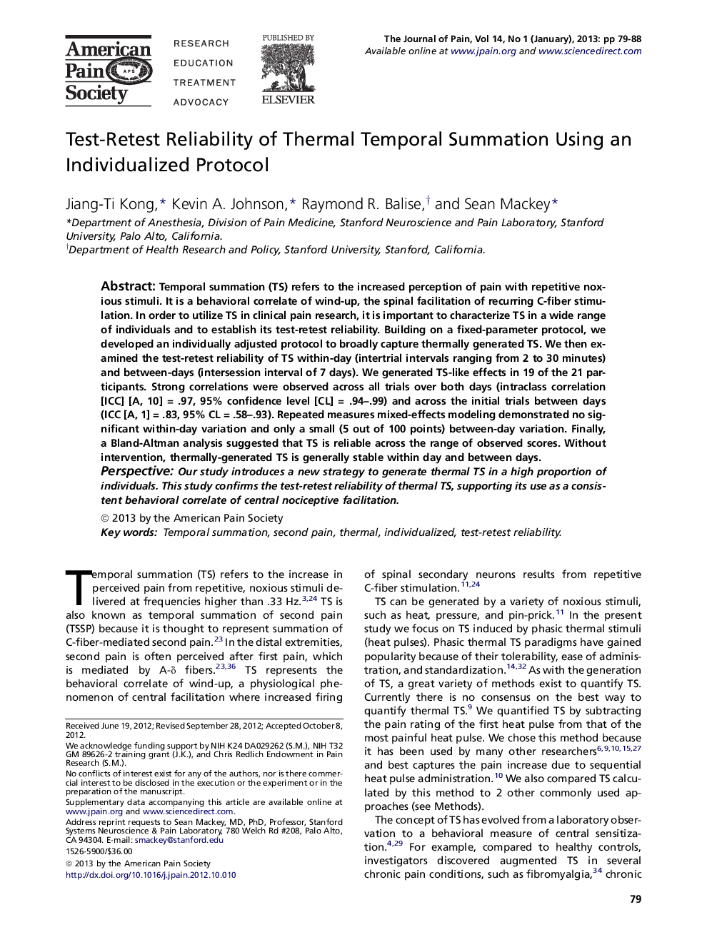 Test-Retest Reliability of Thermal Temporal Summation Using an Individualized Protocol 