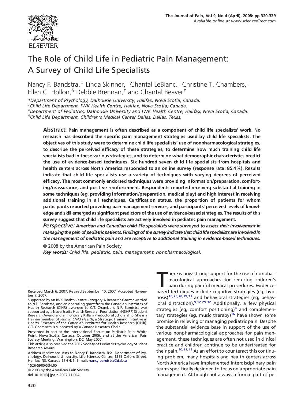 The Role of Child Life in Pediatric Pain Management: A Survey of Child Life Specialists 