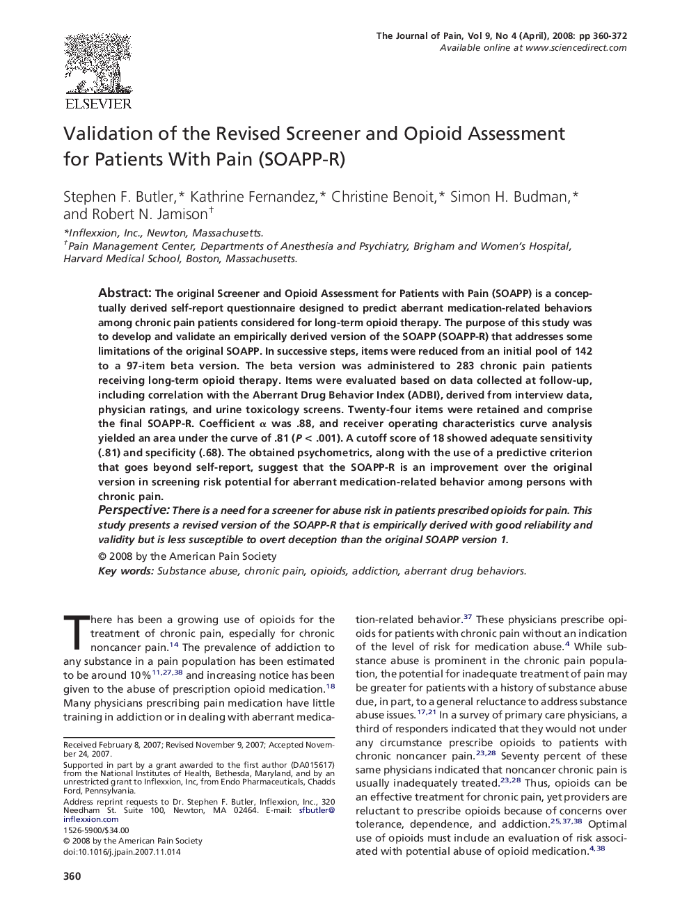 Validation of the Revised Screener and Opioid Assessment for Patients With Pain (SOAPP-R) 