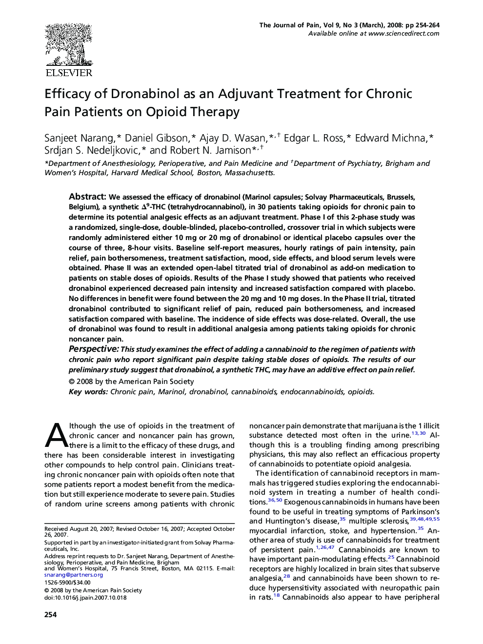 Efficacy of Dronabinol as an Adjuvant Treatment for Chronic Pain Patients on Opioid Therapy 