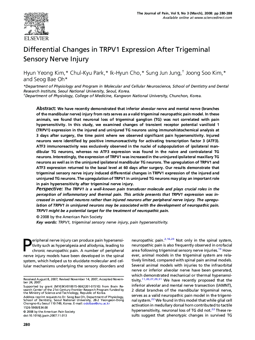Differential Changes in TRPV1 Expression After Trigeminal Sensory Nerve Injury 