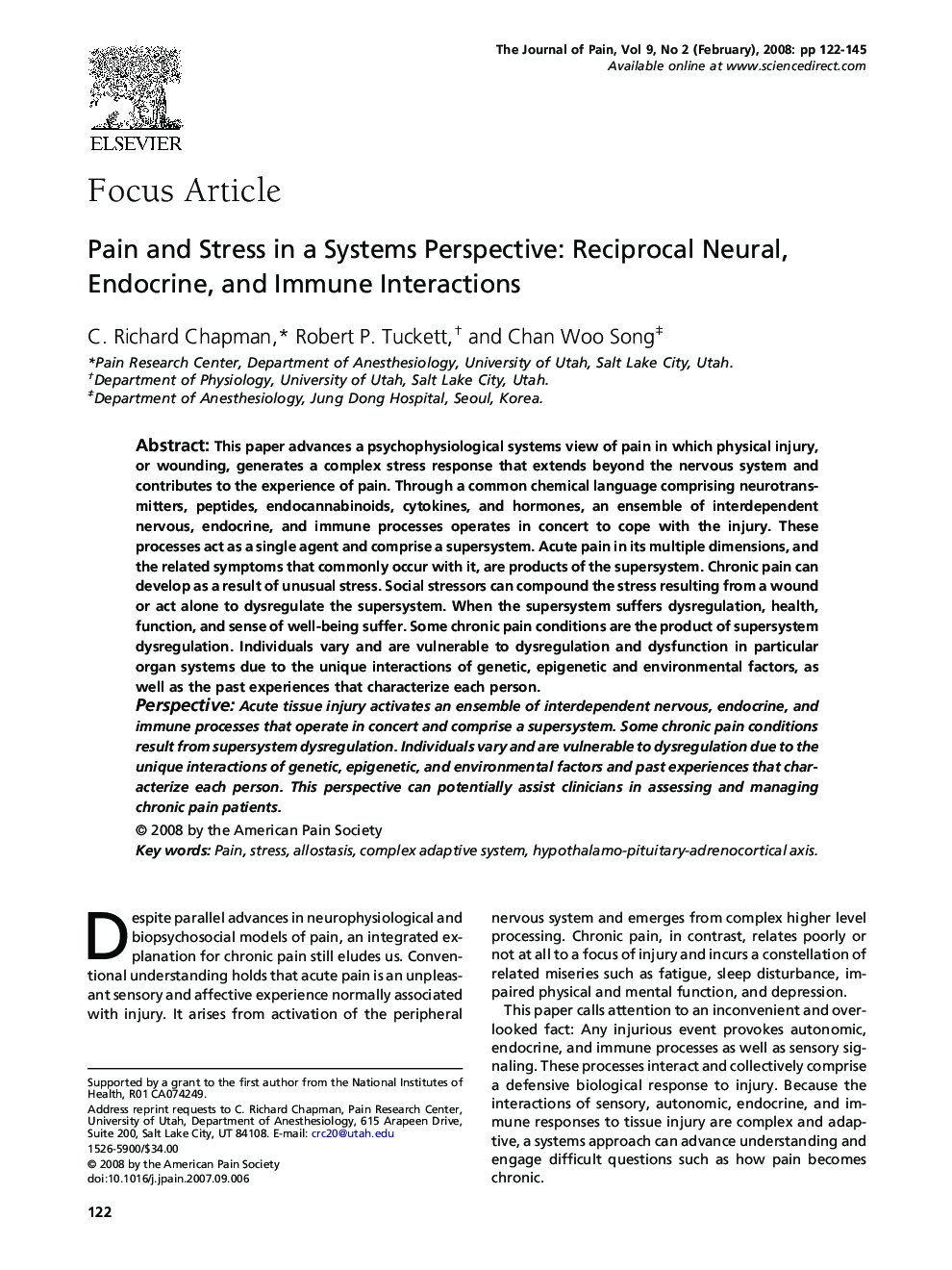 Pain and Stress in a Systems Perspective: Reciprocal Neural, Endocrine, and Immune Interactions 