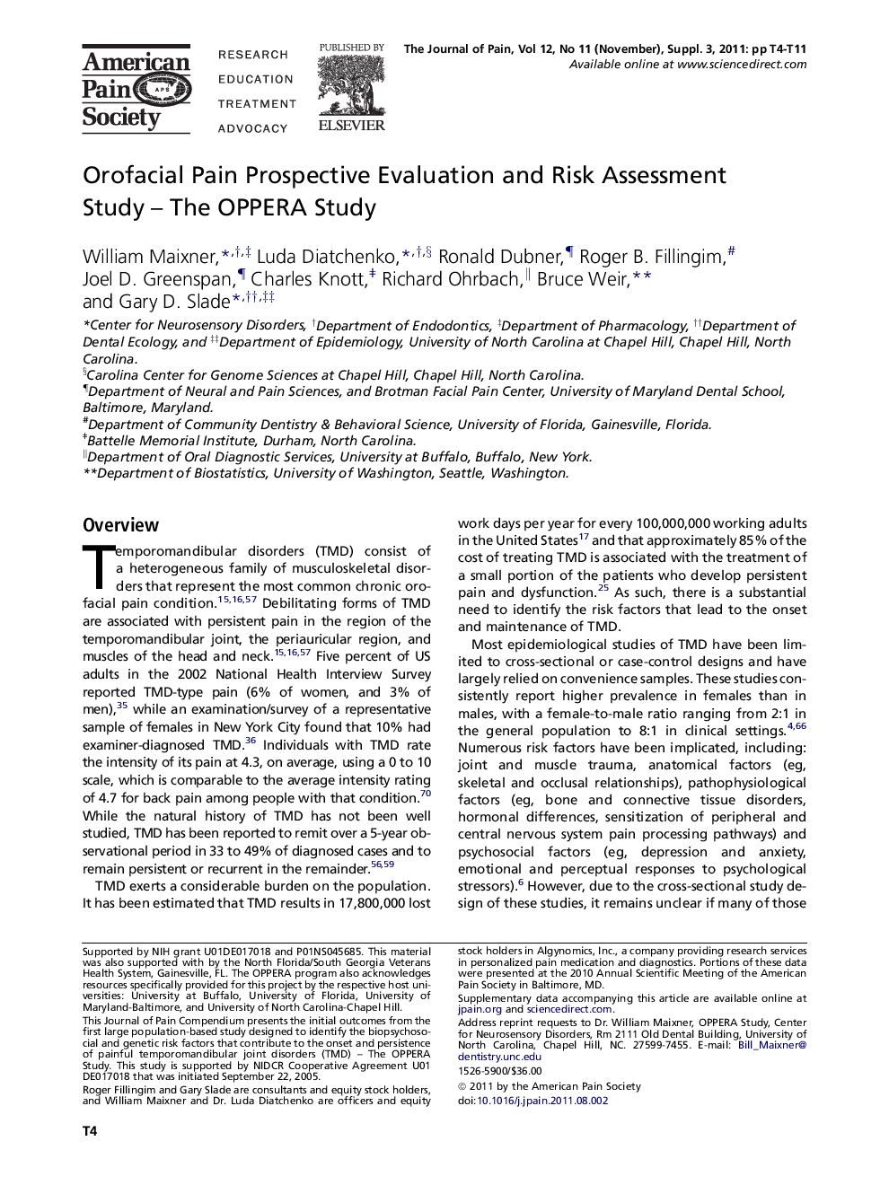 Orofacial Pain Prospective Evaluation and Risk Assessment Study - The OPPERA Study