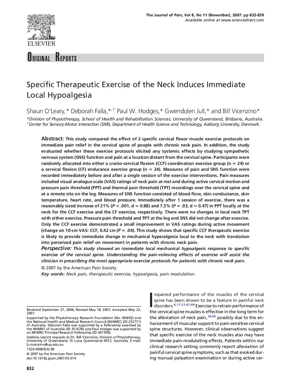 Specific Therapeutic Exercise of the Neck Induces Immediate Local Hypoalgesia 