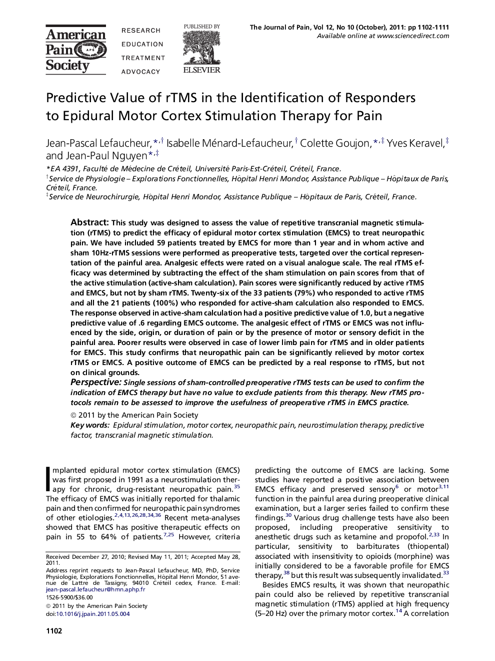 Predictive Value of rTMS in the Identification of Responders to Epidural Motor Cortex Stimulation Therapy for Pain