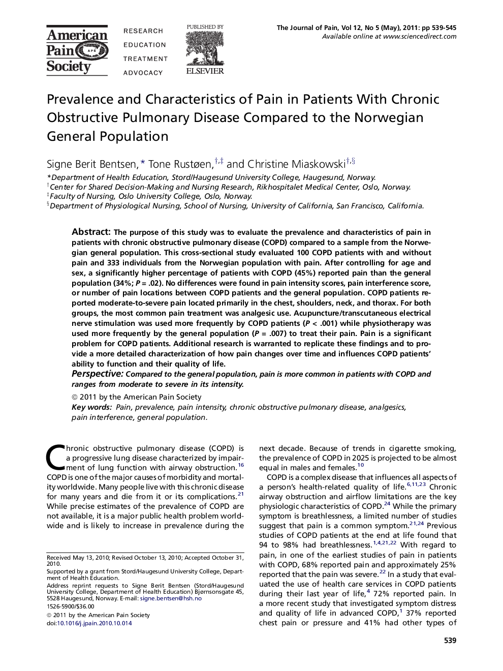 Prevalence and Characteristics of Pain in Patients With Chronic Obstructive Pulmonary Disease Compared to the Norwegian General Population 