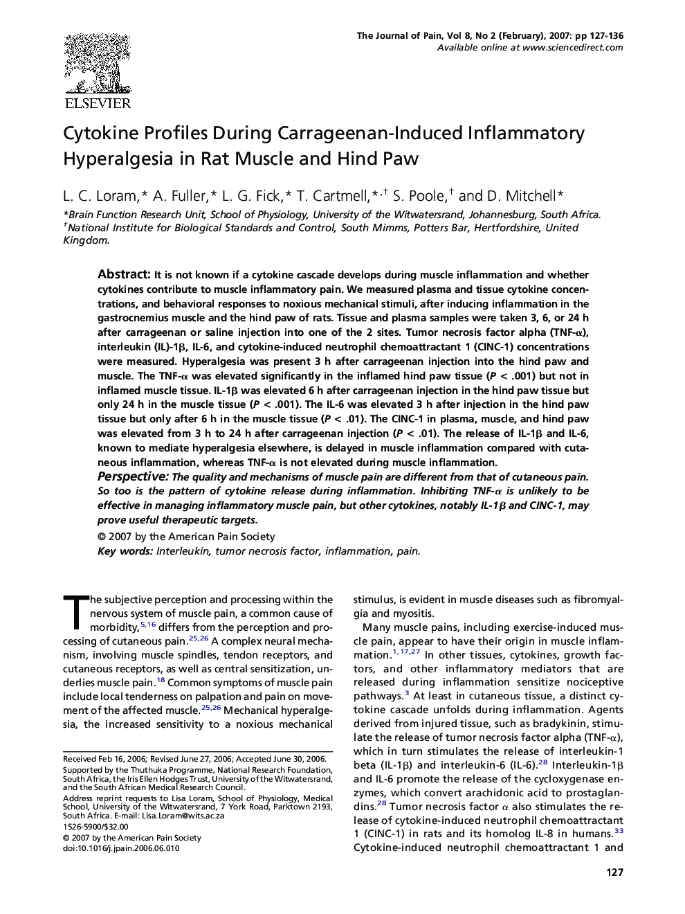 Cytokine Profiles During Carrageenan-Induced Inflammatory Hyperalgesia in Rat Muscle and Hind Paw