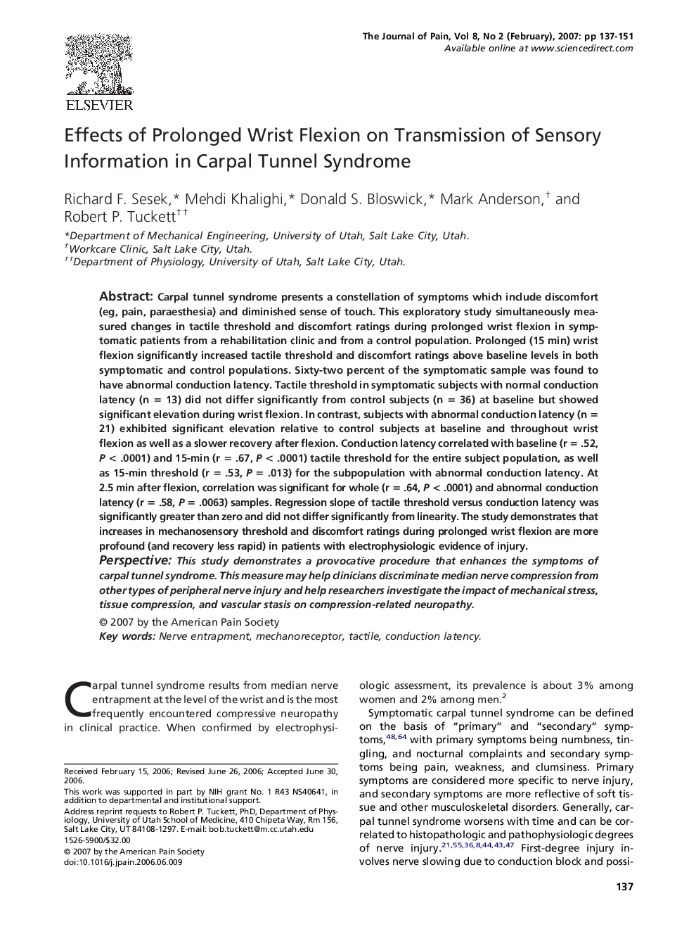 Effects of Prolonged Wrist Flexion on Transmission of Sensory Information in Carpal Tunnel Syndrome 