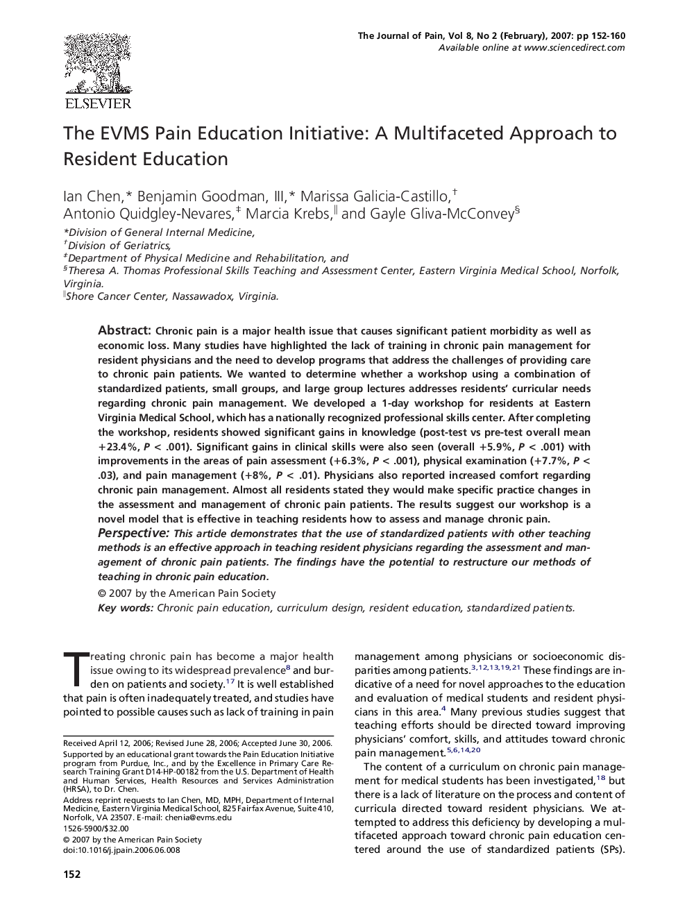 The EVMS Pain Education Initiative: A Multifaceted Approach to Resident Education 