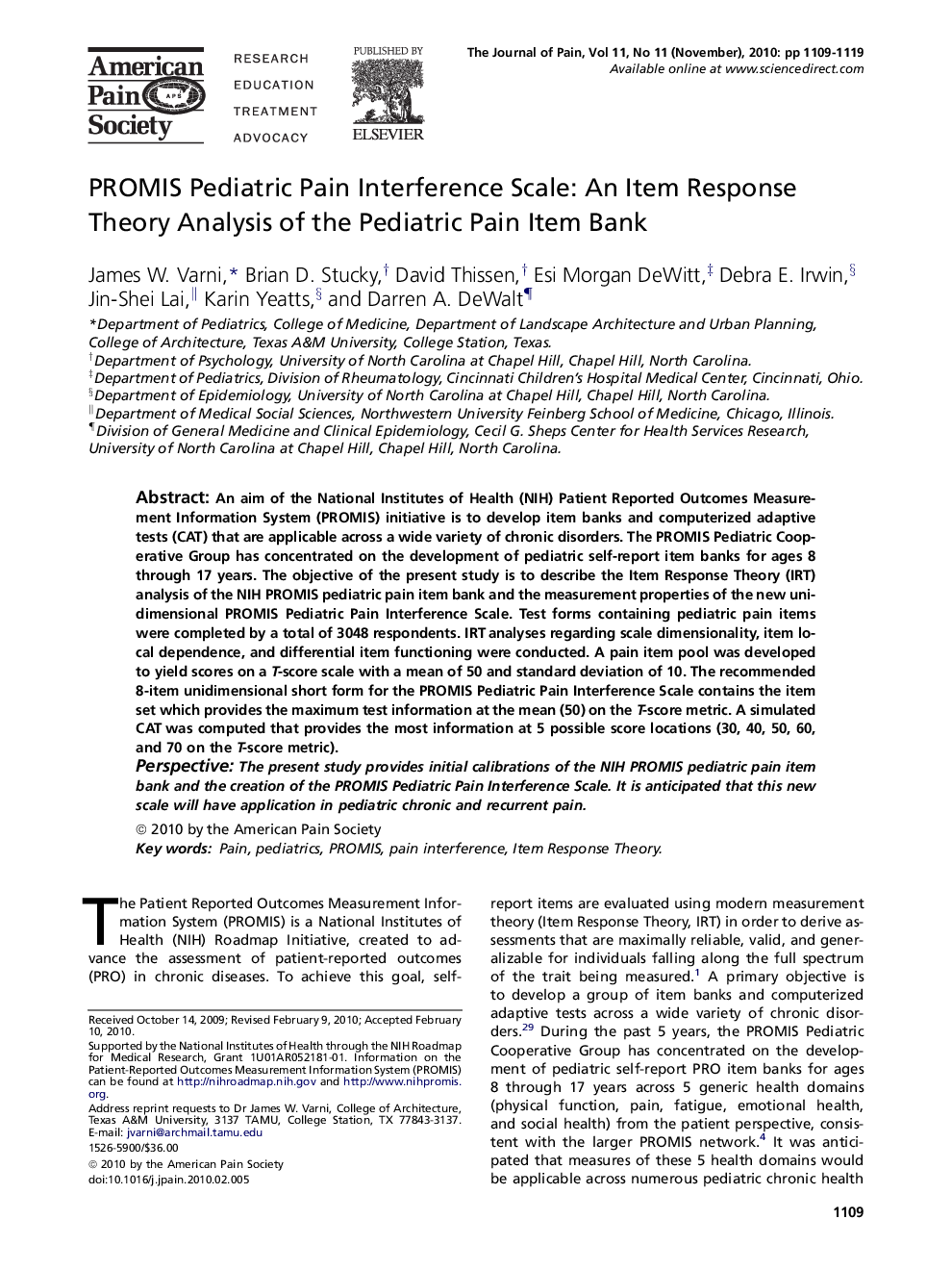 PROMIS Pediatric Pain Interference Scale: An Item Response Theory Analysis of the Pediatric Pain Item Bank 