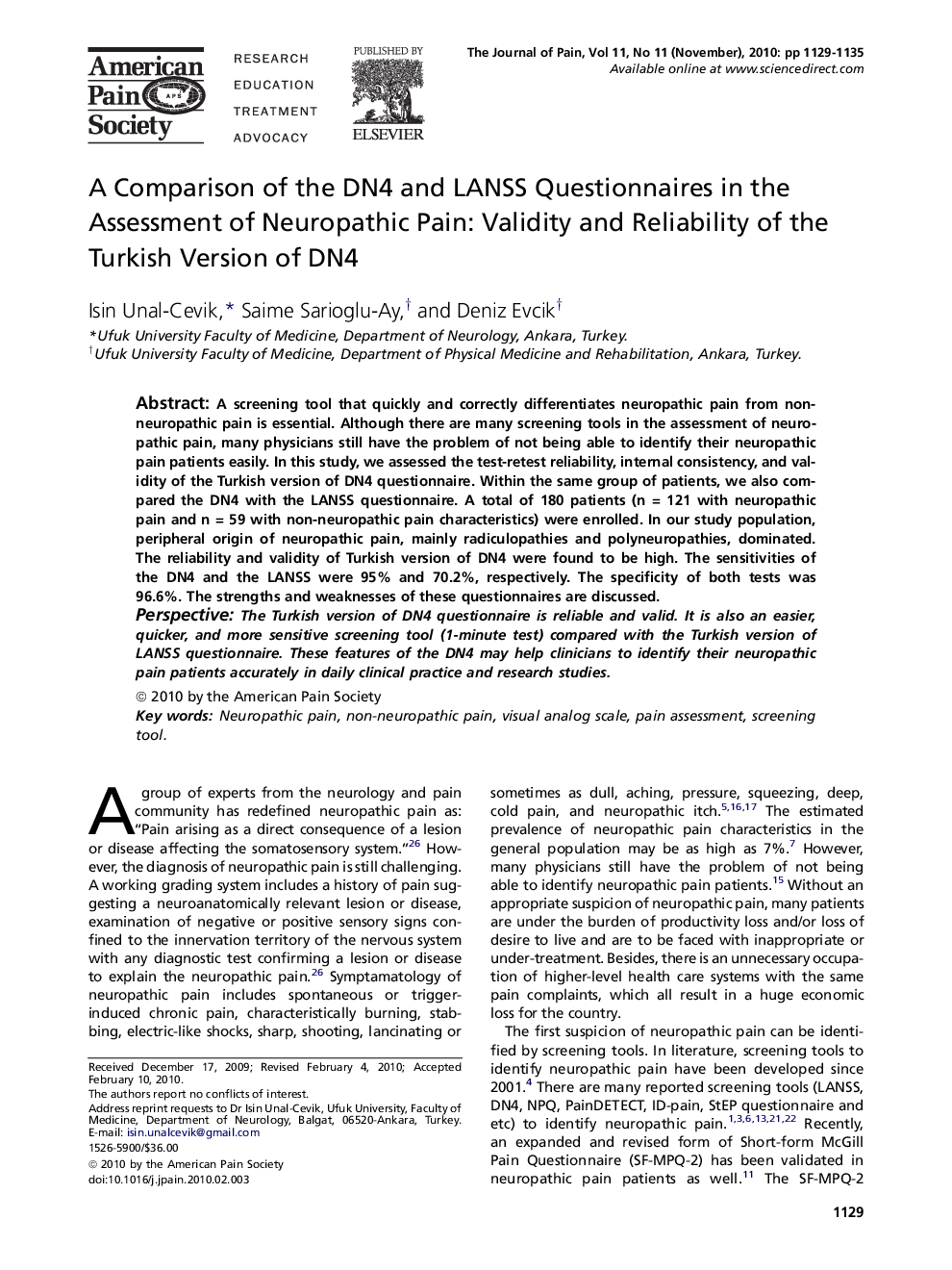 A Comparison of the DN4 and LANSS Questionnaires in the Assessment of Neuropathic Pain: Validity and Reliability of the Turkish Version of DN4 