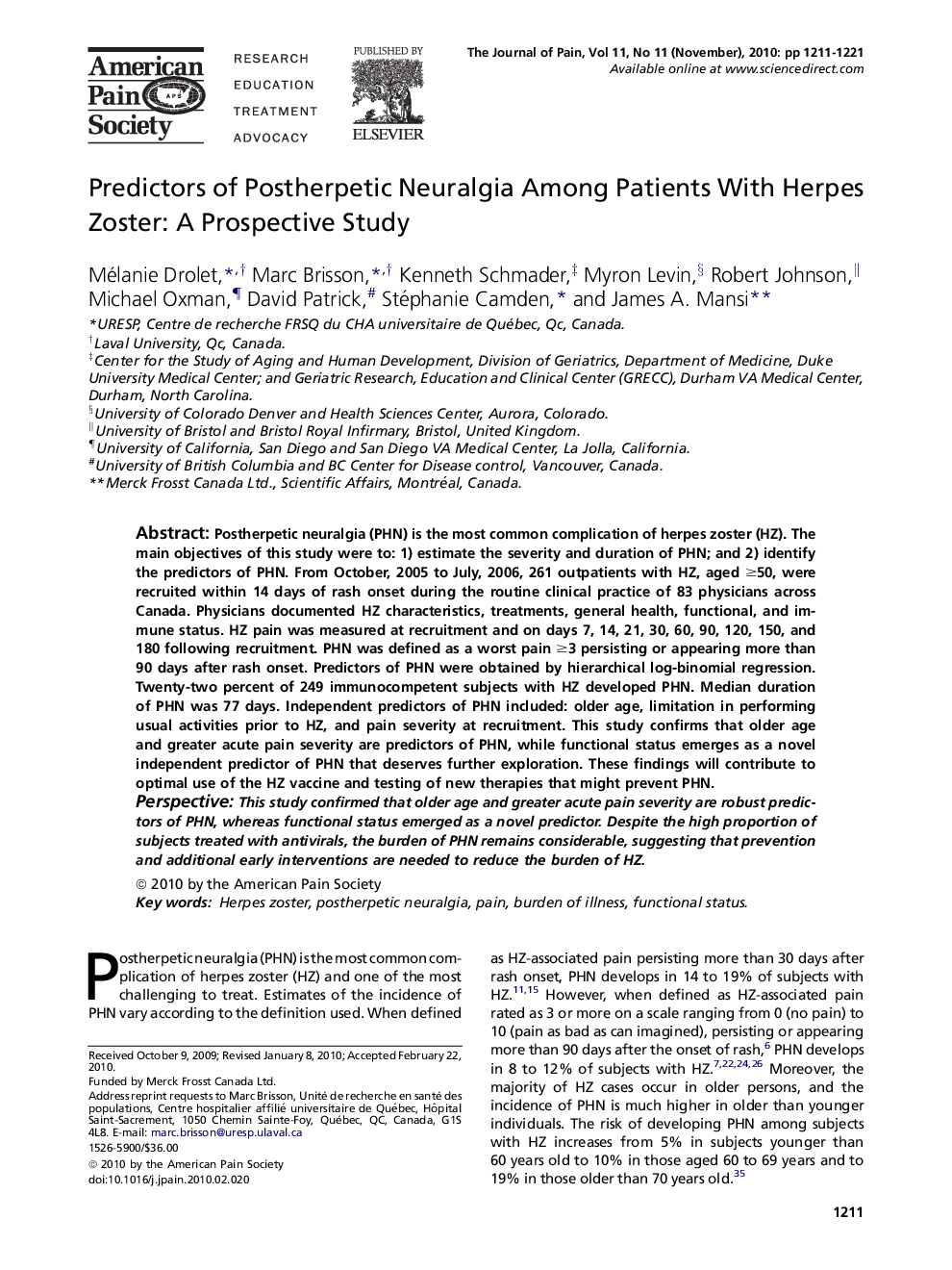 Predictors of Postherpetic Neuralgia Among Patients With Herpes Zoster: A Prospective Study 