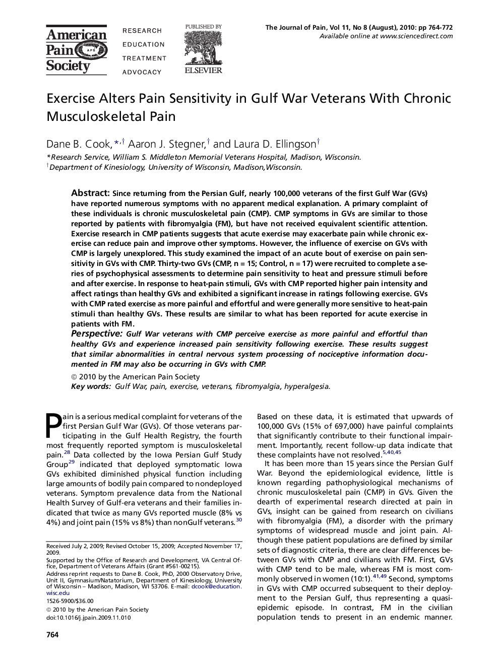 Exercise Alters Pain Sensitivity in Gulf War Veterans With Chronic Musculoskeletal Pain 