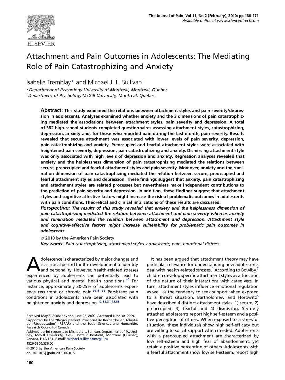 Attachment and Pain Outcomes in Adolescents: The Mediating Role of Pain Catastrophizing and Anxiety 