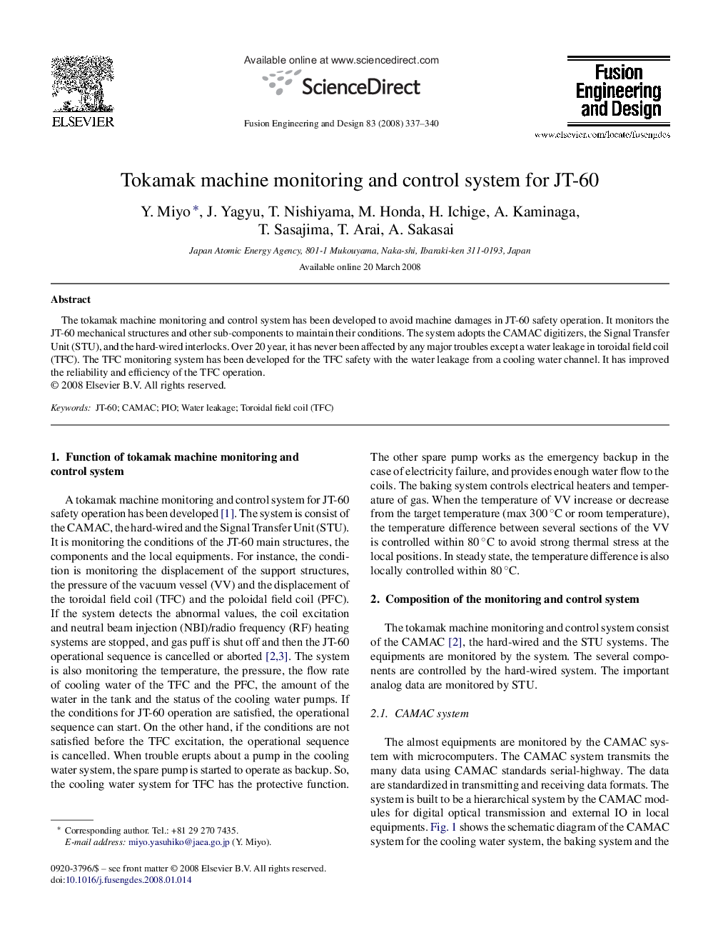 Tokamak machine monitoring and control system for JT-60