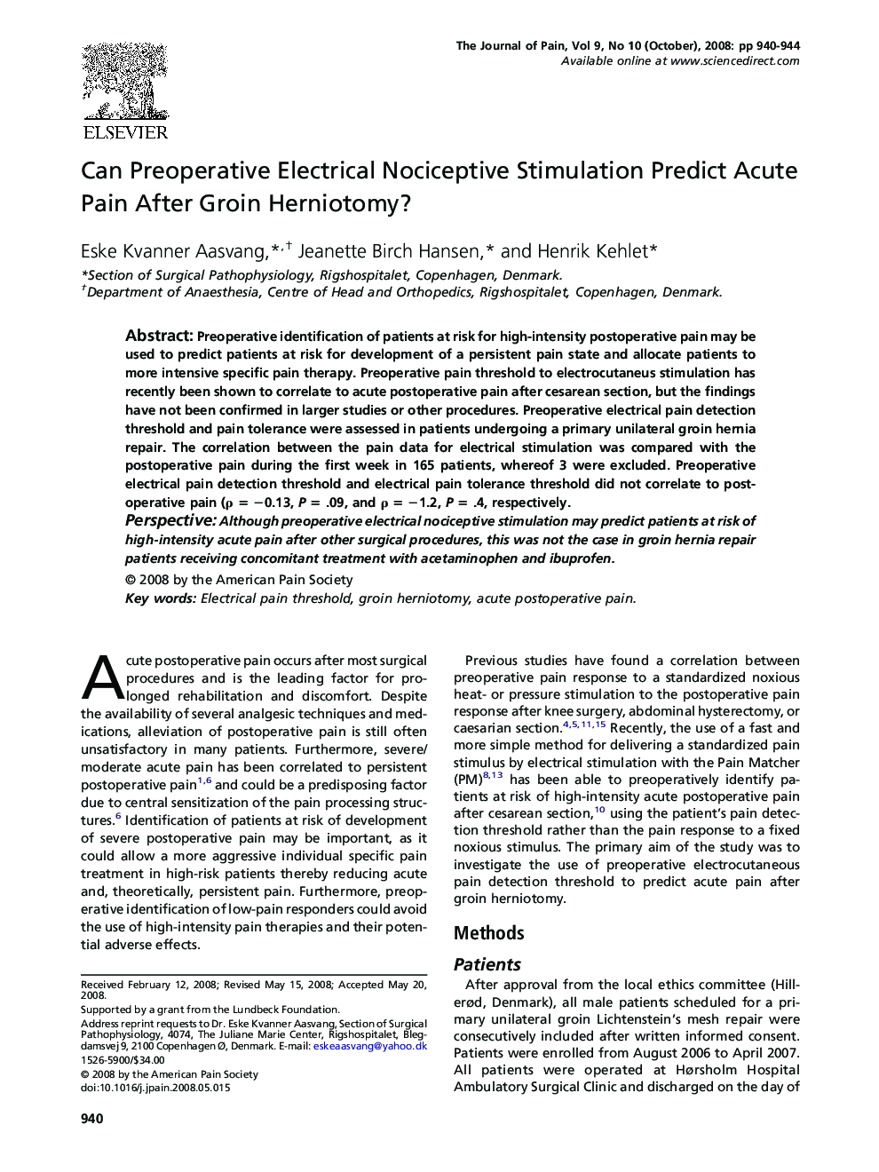 Can Preoperative Electrical Nociceptive Stimulation Predict Acute Pain After Groin Herniotomy? 