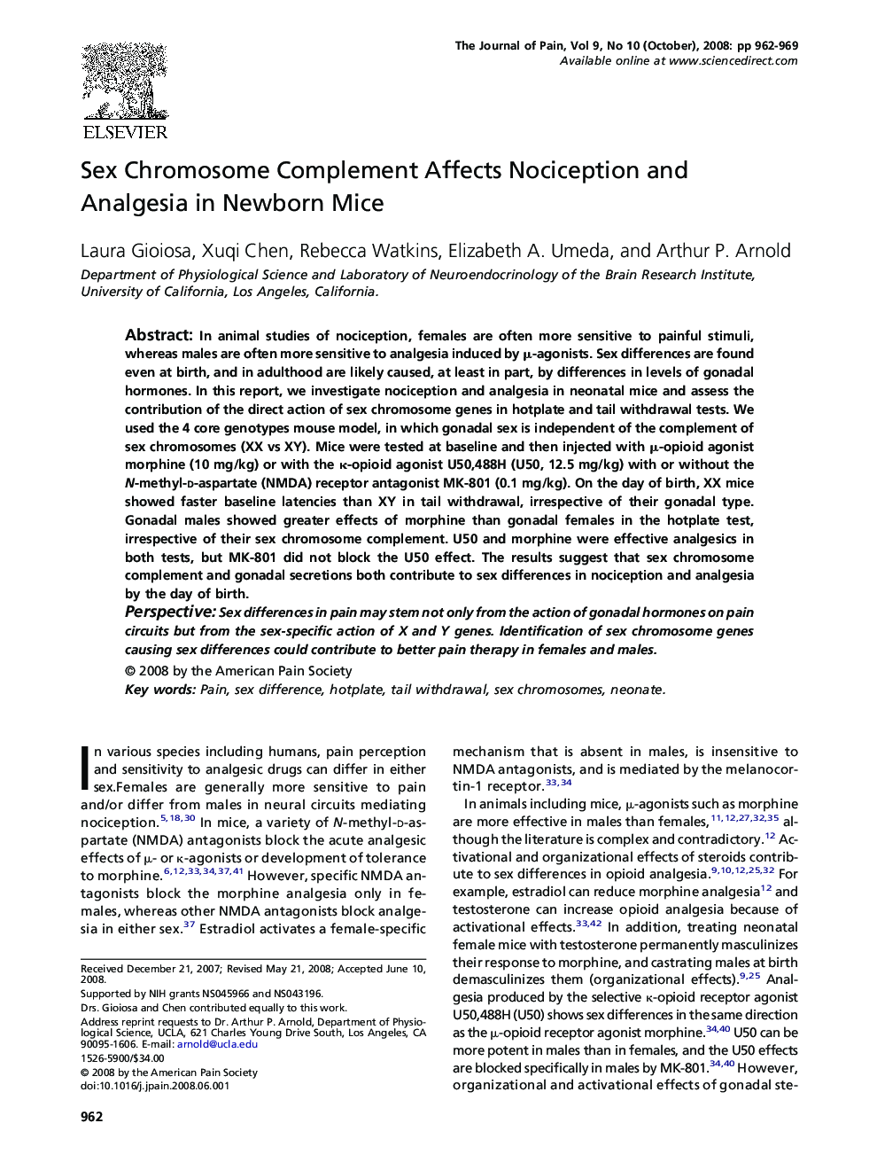 Sex Chromosome Complement Affects Nociception and Analgesia in Newborn Mice 