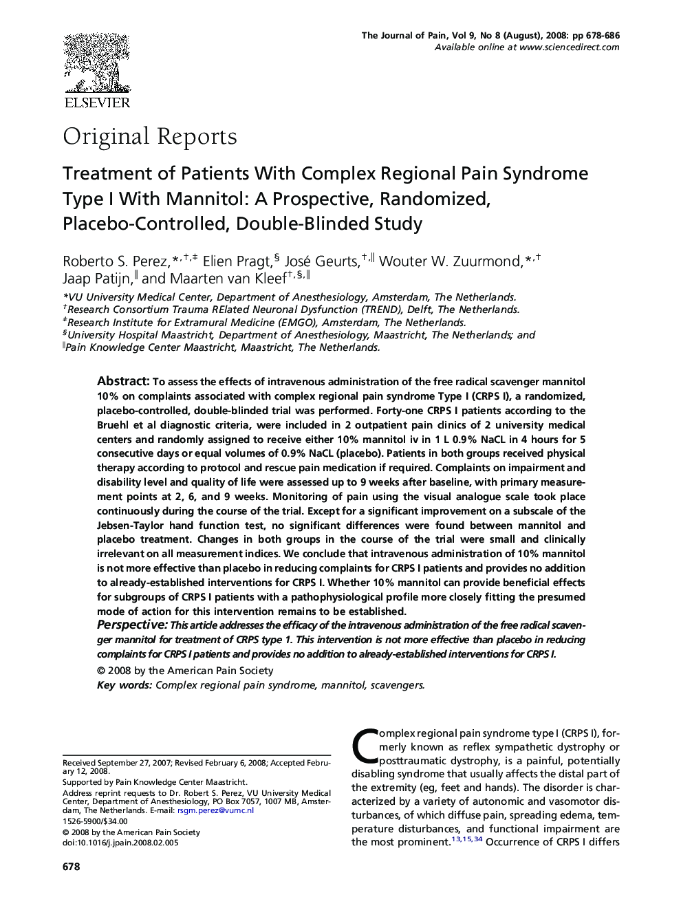 Treatment of Patients With Complex Regional Pain Syndrome Type I With Mannitol: A Prospective, Randomized, Placebo-Controlled, Double-Blinded Study 