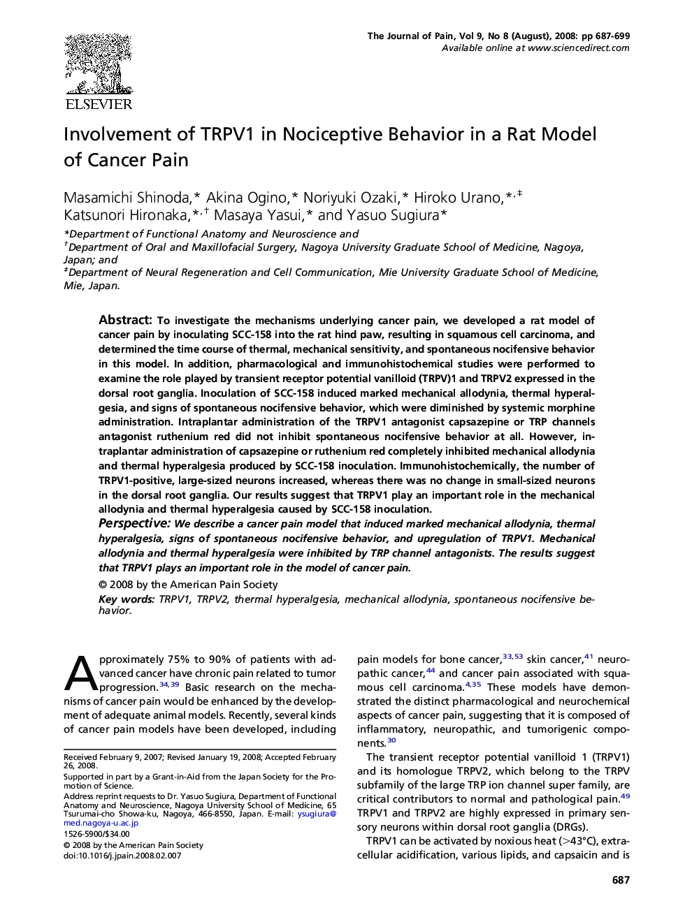 Involvement of TRPV1 in Nociceptive Behavior in a Rat Model of Cancer Pain 