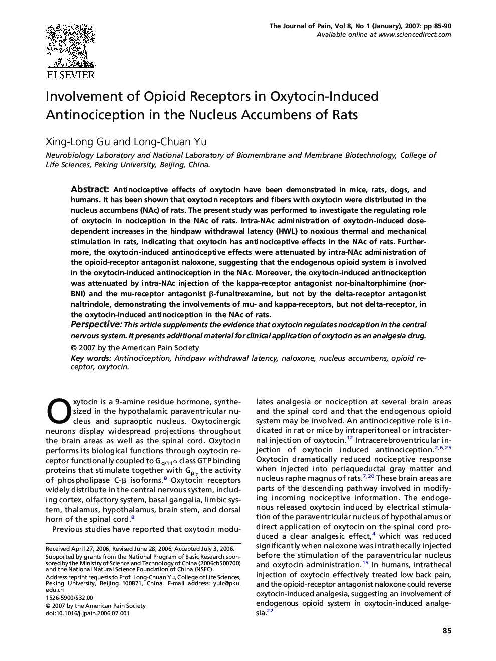 Involvement of Opioid Receptors in Oxytocin-Induced Antinociception in the Nucleus Accumbens of Rats 