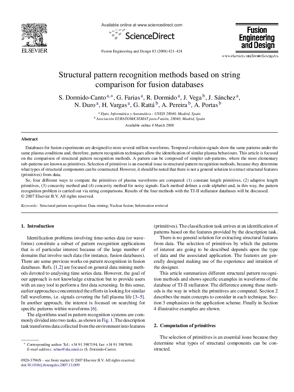 Structural pattern recognition methods based on string comparison for fusion databases