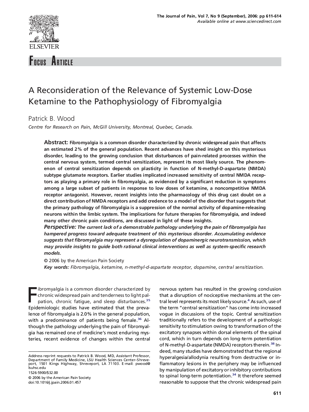 A Reconsideration of the Relevance of Systemic Low-Dose Ketamine to the Pathophysiology of Fibromyalgia