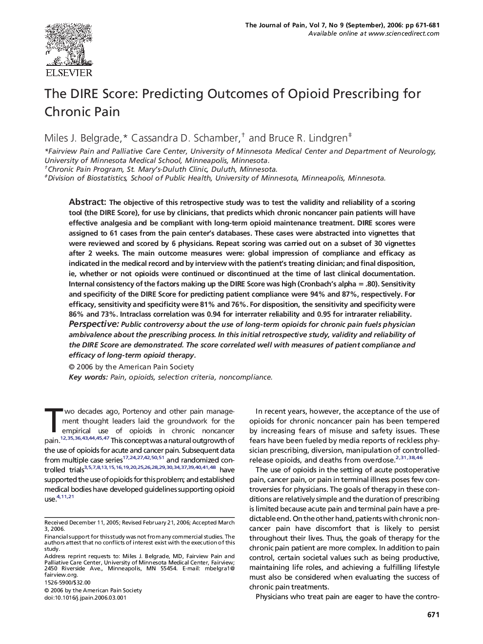 The DIRE Score: Predicting Outcomes of Opioid Prescribing for Chronic Pain 