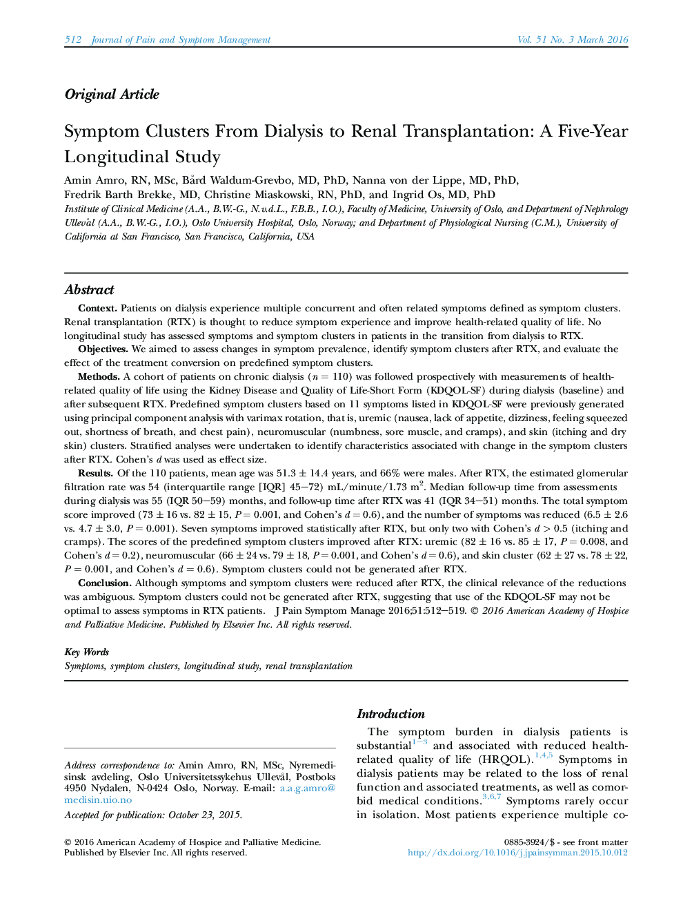 Symptom Clusters From Dialysis to Renal Transplantation: A Five-Year Longitudinal Study