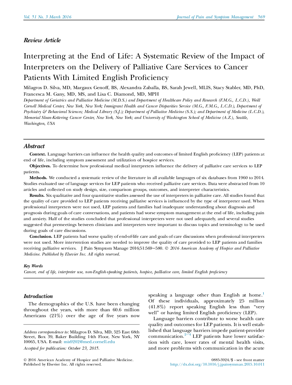 Interpreting at the End of Life: A Systematic Review of the Impact of Interpreters on the Delivery of Palliative Care Services to Cancer Patients With Limited English Proficiency