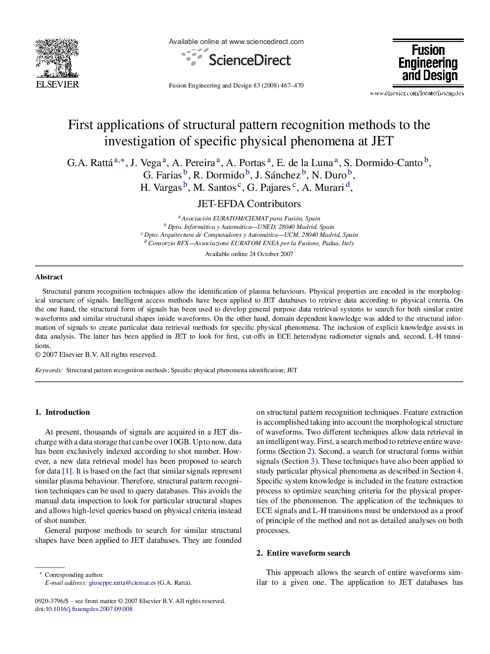 First applications of structural pattern recognition methods to the investigation of specific physical phenomena at JET