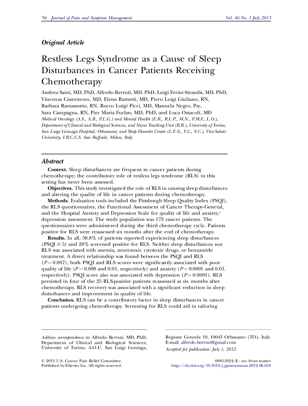 Restless Legs Syndrome as a Cause of Sleep Disturbances in Cancer Patients Receiving Chemotherapy