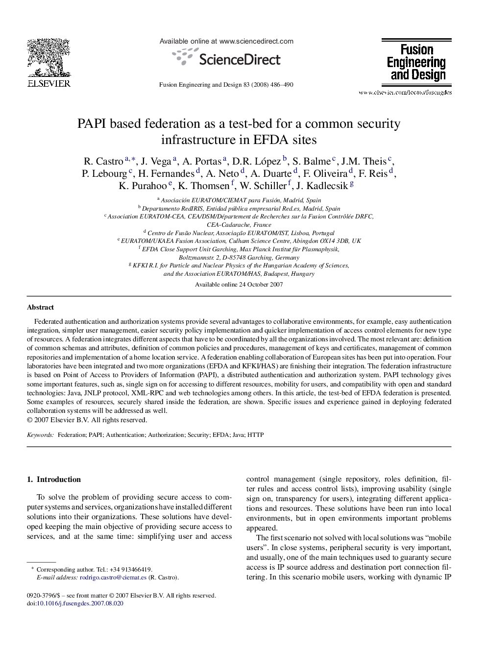 PAPI based federation as a test-bed for a common security infrastructure in EFDA sites