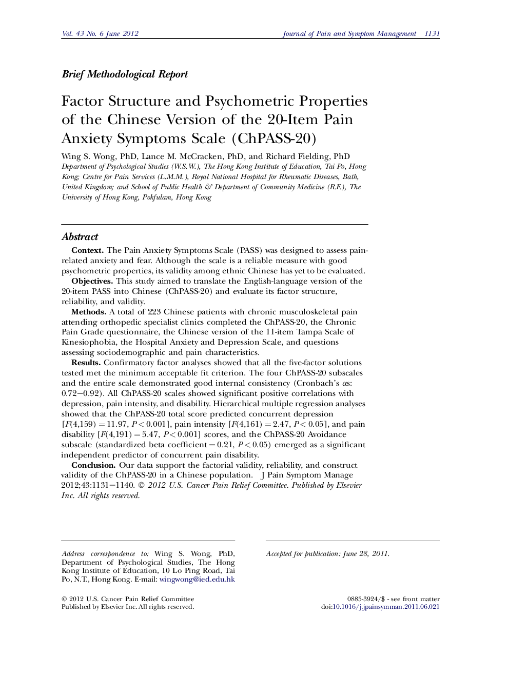 Factor Structure and Psychometric Properties of the Chinese Version of the 20-Item Pain Anxiety Symptoms Scale (ChPASS-20)