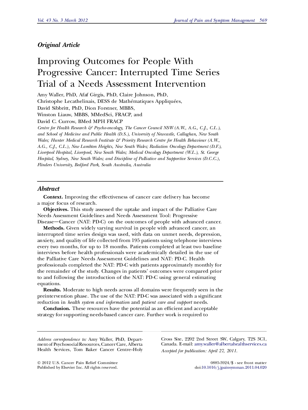 Improving Outcomes for People With Progressive Cancer: Interrupted Time Series Trial of a Needs Assessment Intervention