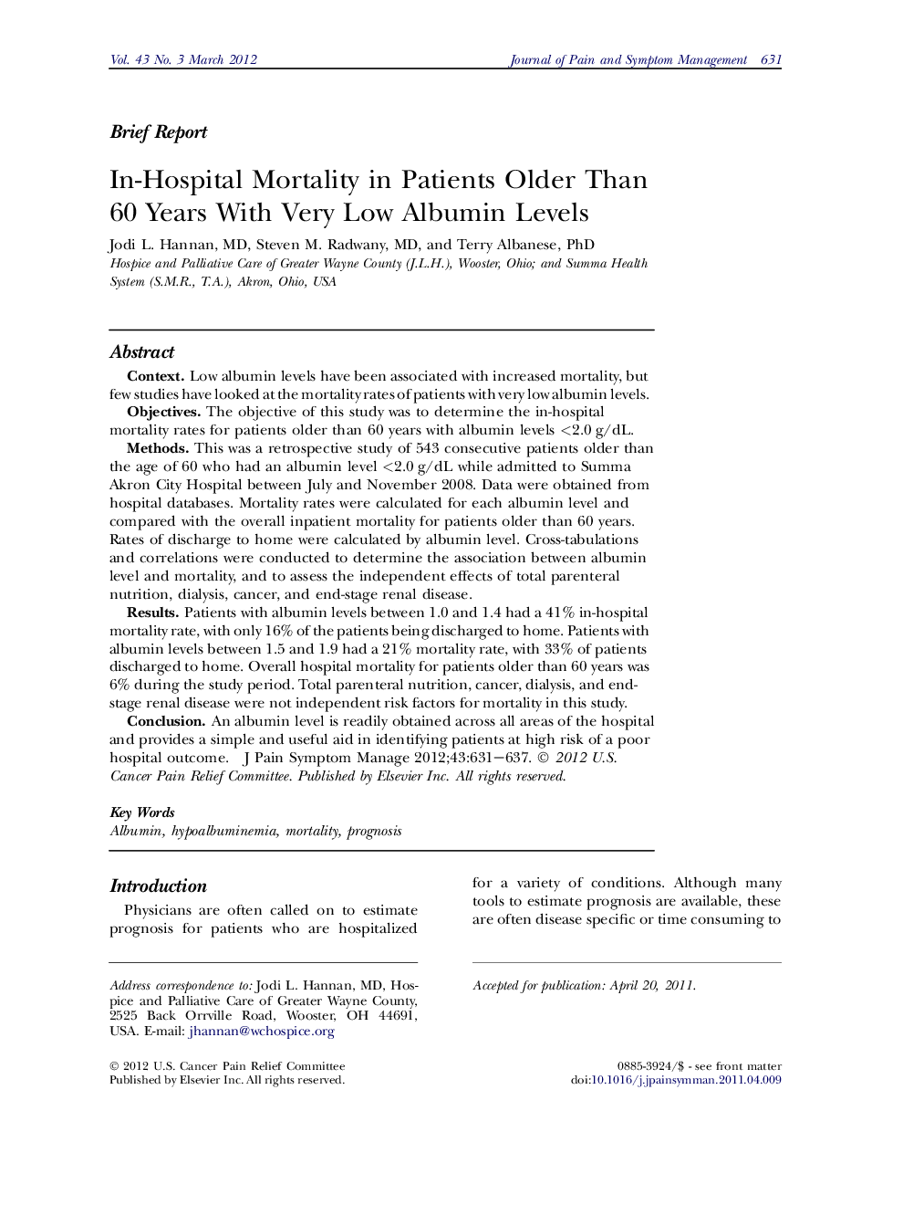 In-Hospital Mortality in Patients Older Than 60 Years with Very Low Albumin Levels