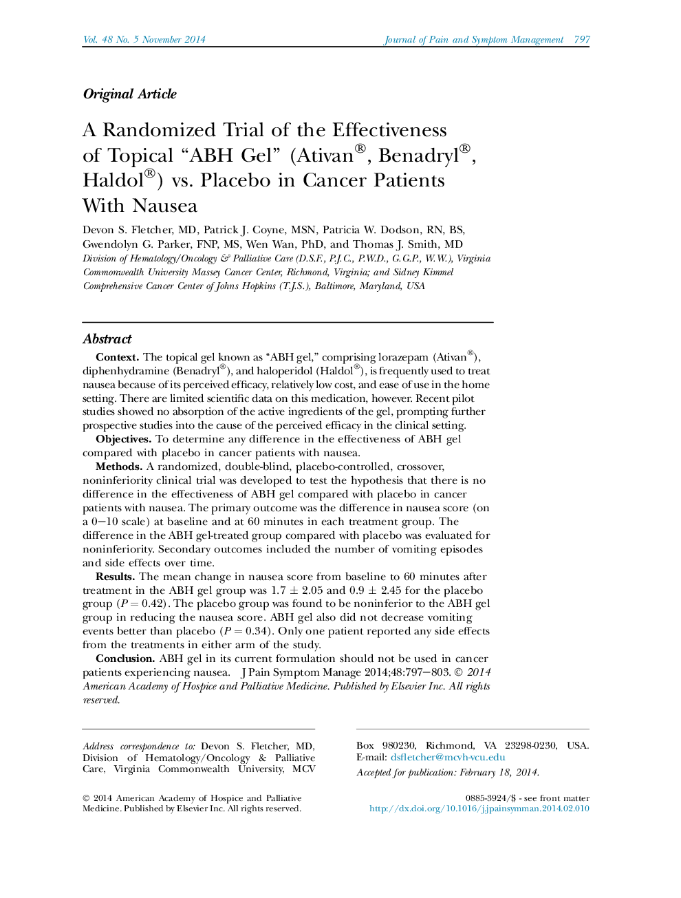 A Randomized Trial of the Effectiveness of Topical “ABH Gel” (Ativan®, Benadryl®, Haldol®) vs. Placebo in Cancer Patients With Nausea