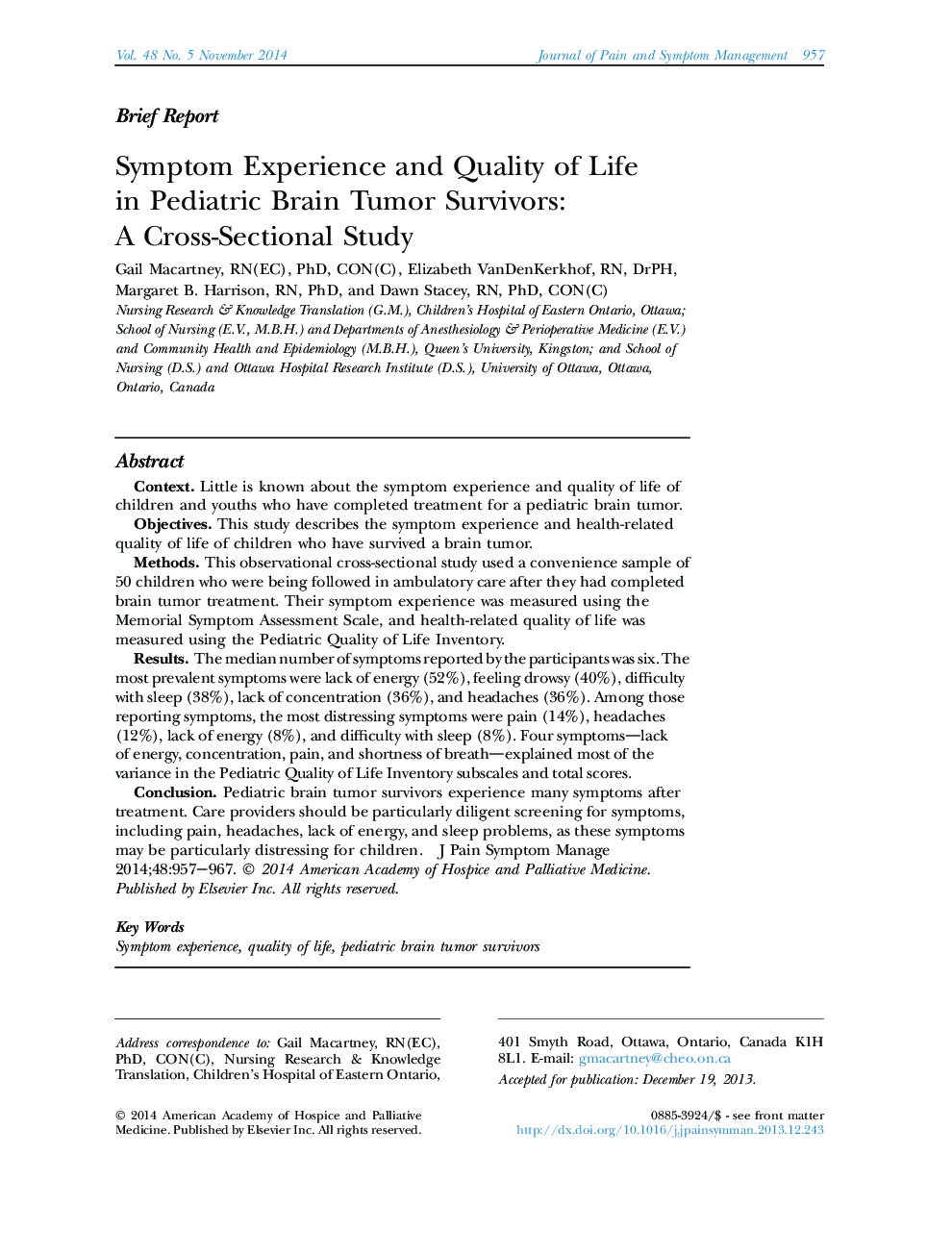 Symptom Experience and Quality of Life in Pediatric Brain Tumor Survivors: A Cross-Sectional Study