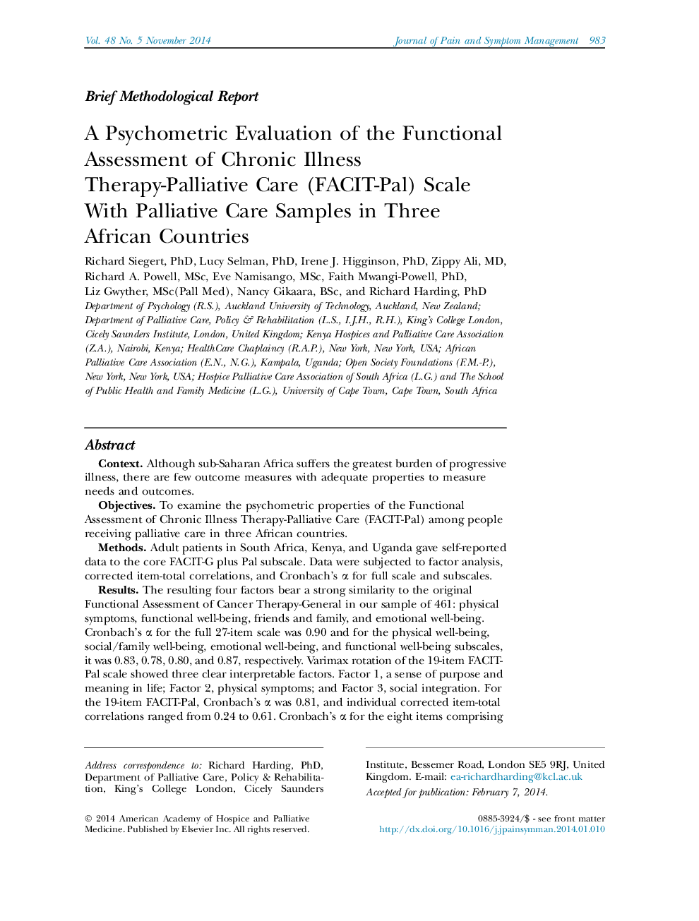 A Psychometric Evaluation of the Functional Assessment of Chronic Illness Therapy-Palliative Care (FACIT-Pal) Scale With Palliative Care Samples in Three African Countries