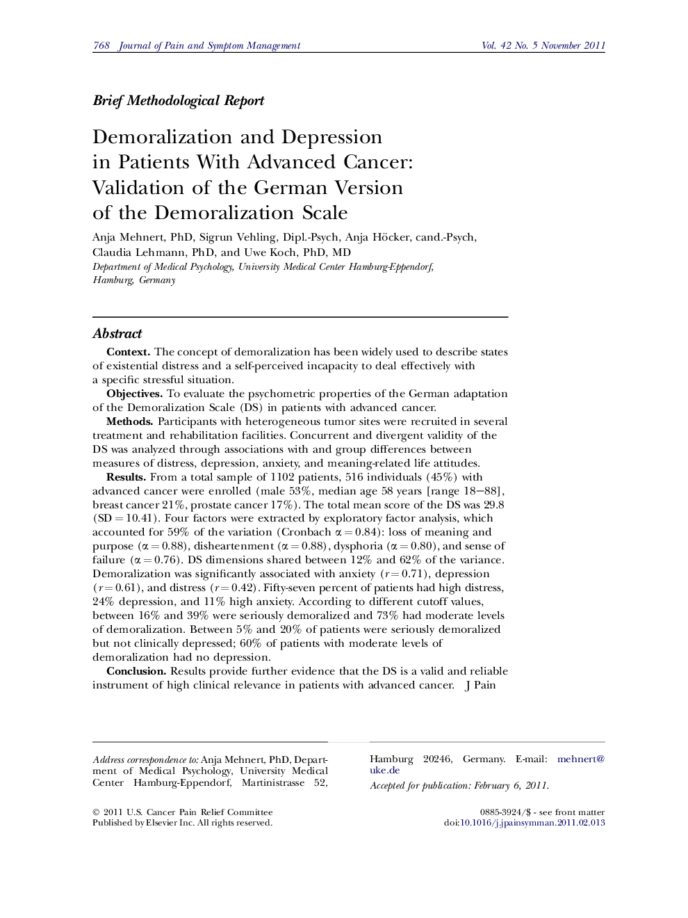 Demoralization and Depression in Patients With Advanced Cancer: Validation of the German Version of the Demoralization Scale