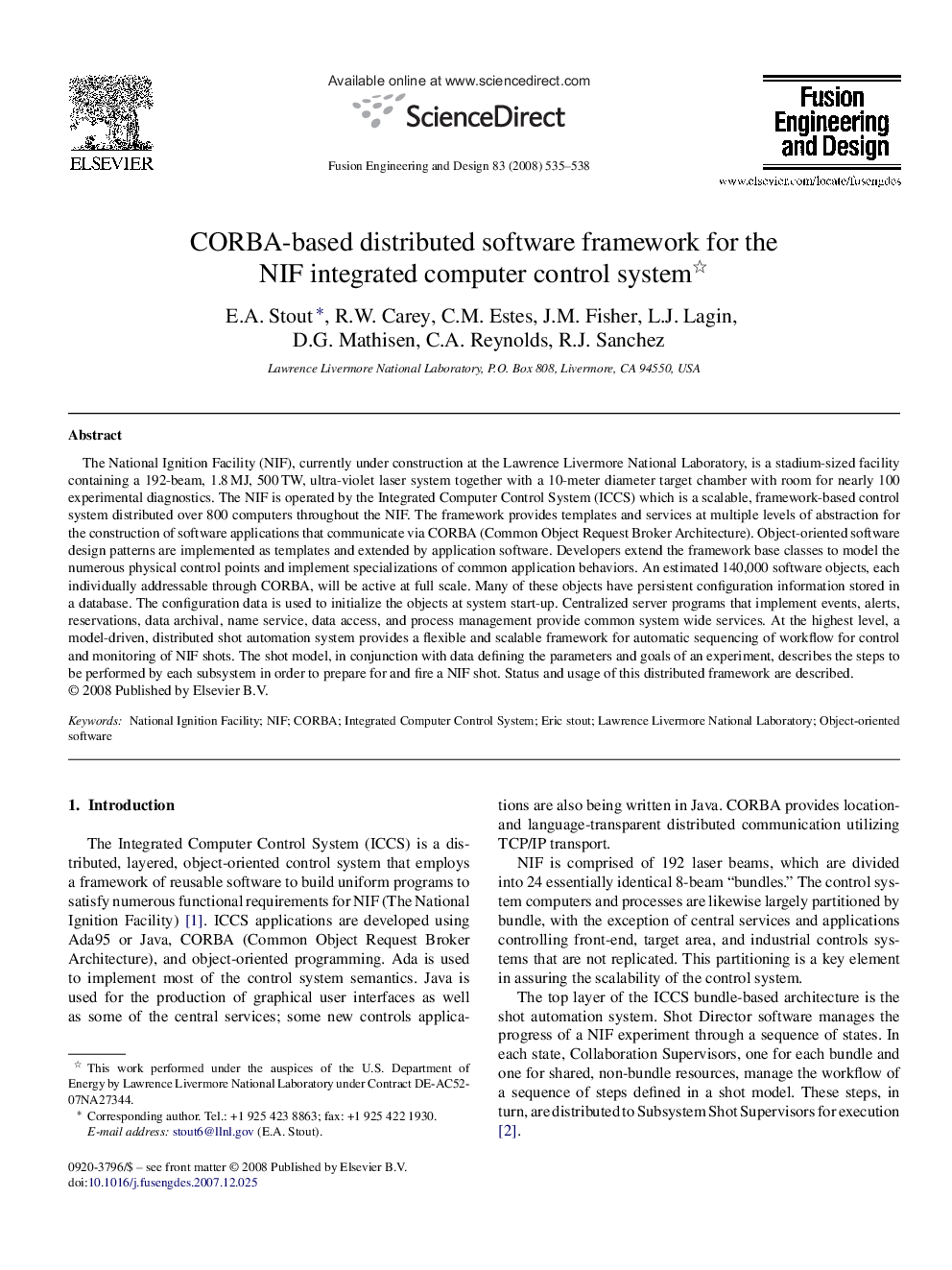 CORBA-based distributed software framework for the NIF integrated computer control system 