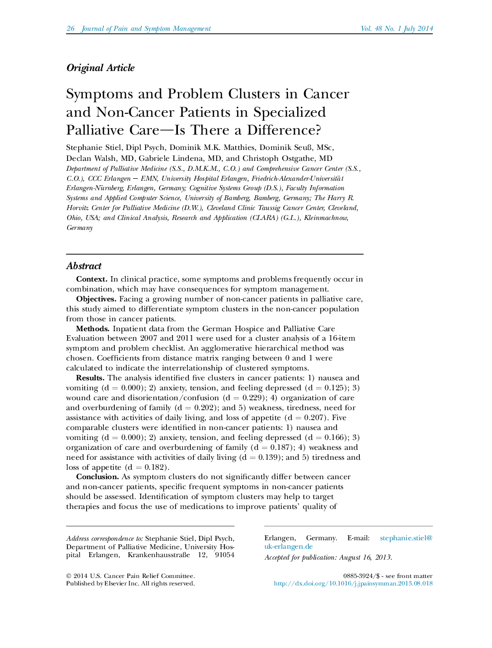 Symptoms and Problem Clusters in Cancer and Non-Cancer Patients in Specialized Palliative Care—Is There a Difference?