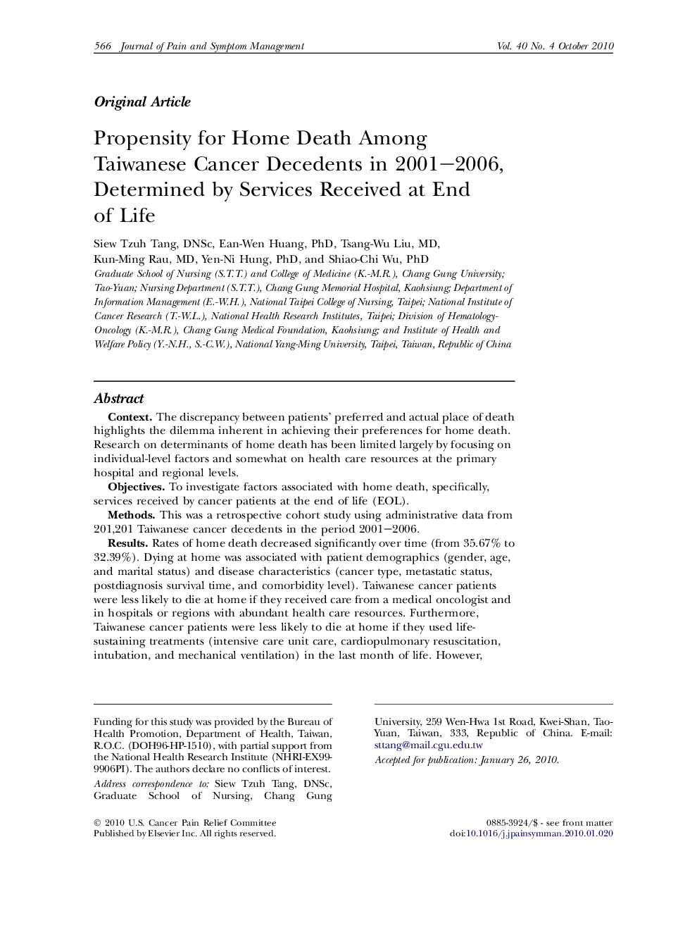 Propensity for Home Death Among Taiwanese Cancer Decedents in 2001–2006, Determined by Services Received at End of Life 