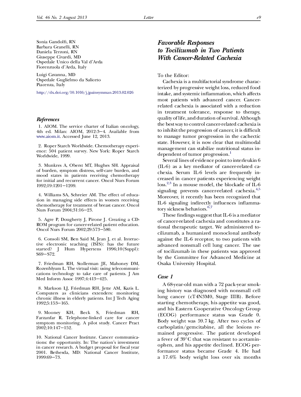 Favorable Responses to Tocilizumab in Two Patients With Cancer-Related Cachexia
