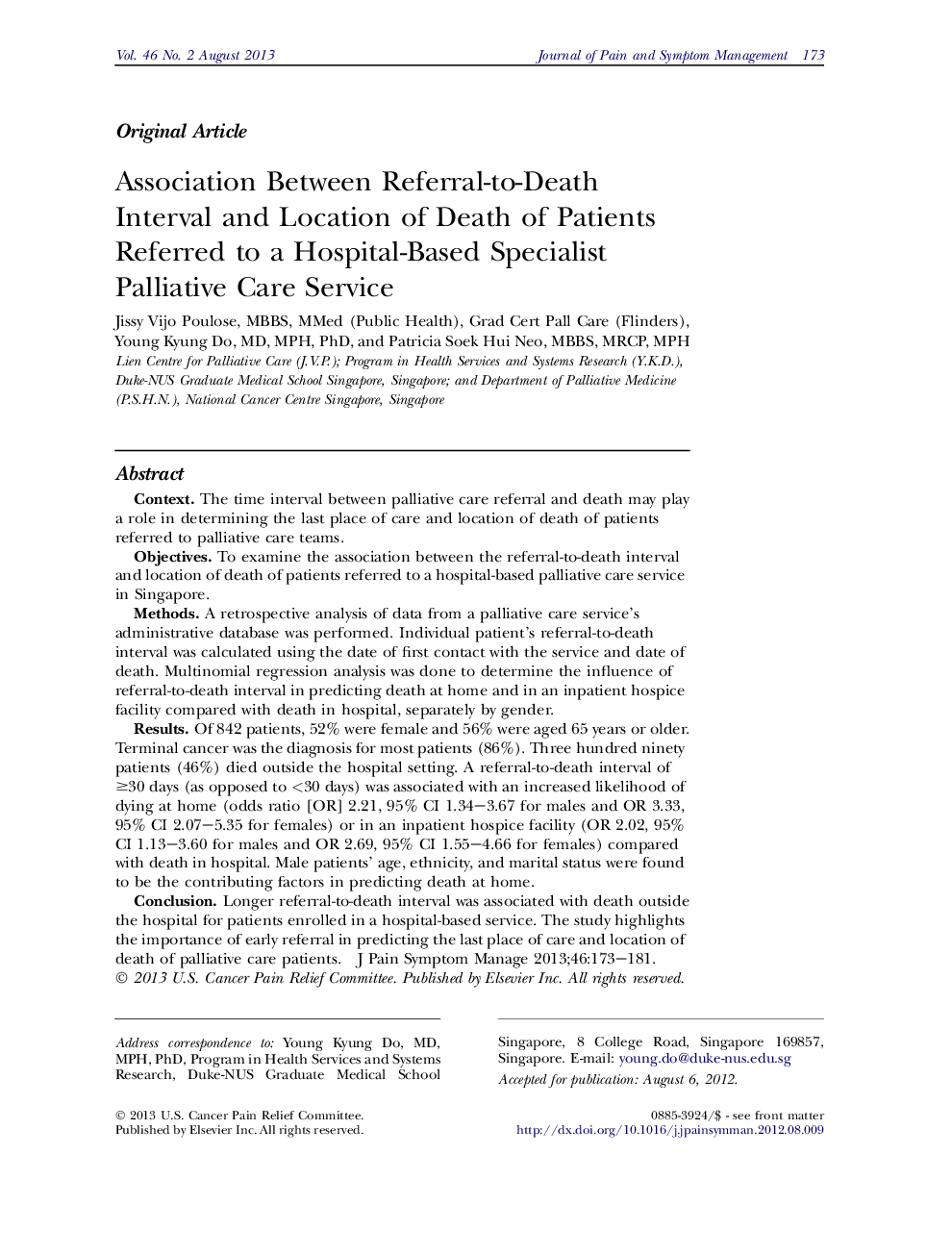 Association Between Referral-to-Death Interval and Location of Death of Patients Referred to a Hospital-Based Specialist Palliative Care Service