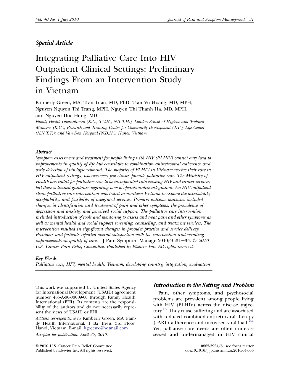 Integrating Palliative Care Into HIV Outpatient Clinical Settings: Preliminary Findings From an Intervention Study in Vietnam 