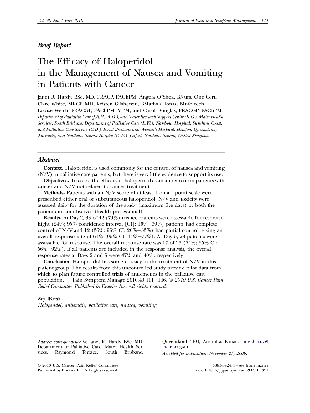 The Efficacy of Haloperidol in the Management of Nausea and Vomiting in Patients with Cancer