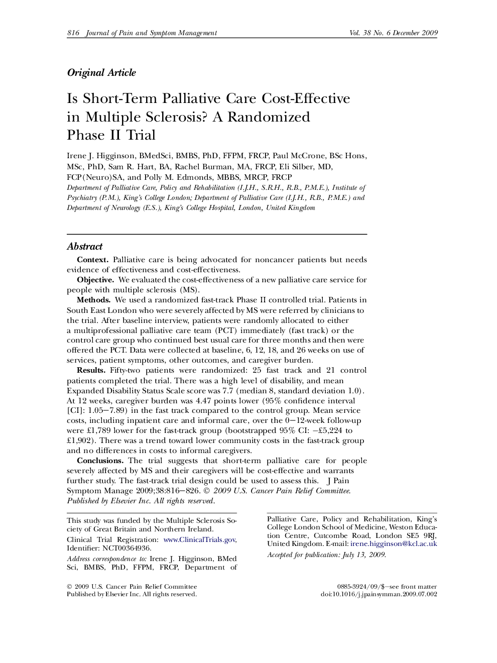 Is Short-Term Palliative Care Cost-Effective in Multiple Sclerosis? A Randomized Phase II Trial 