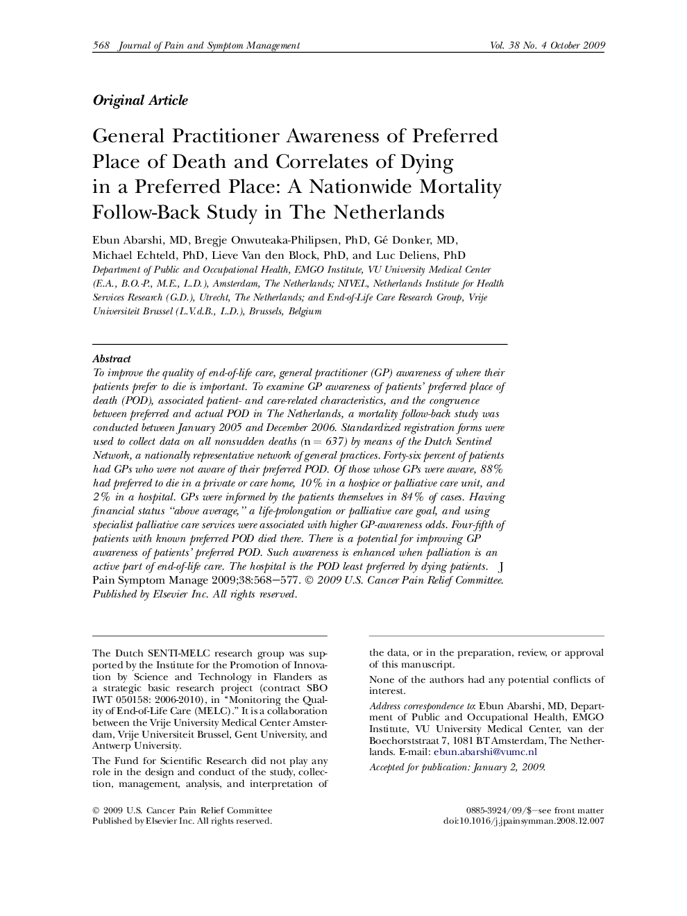 General Practitioner Awareness of Preferred Place of Death and Correlates of Dying in a Preferred Place: A Nationwide Mortality Follow-Back Study in The Netherlands 