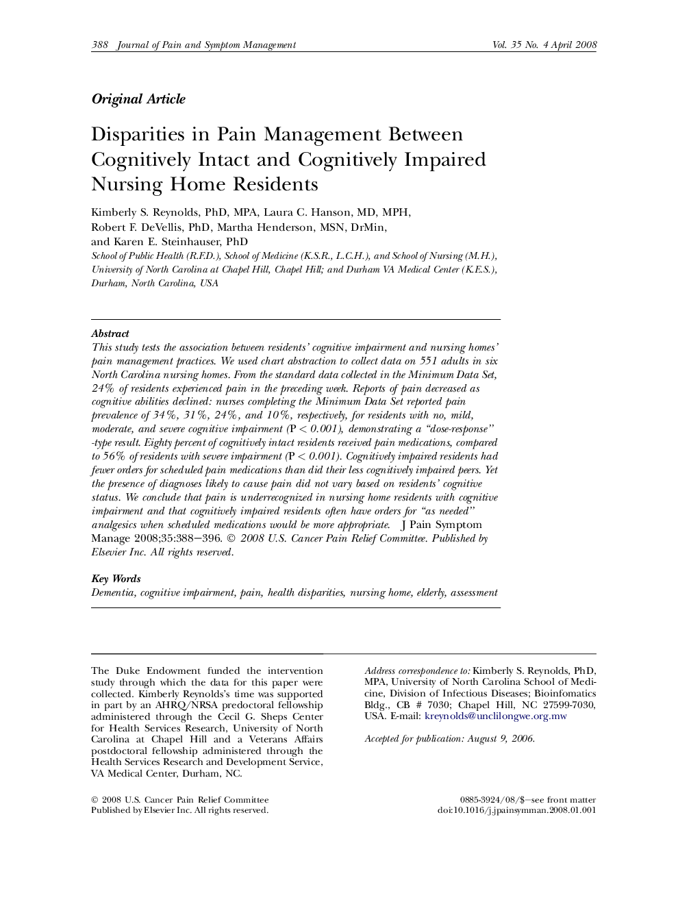 Disparities in Pain Management Between Cognitively Intact and Cognitively Impaired Nursing Home Residents 