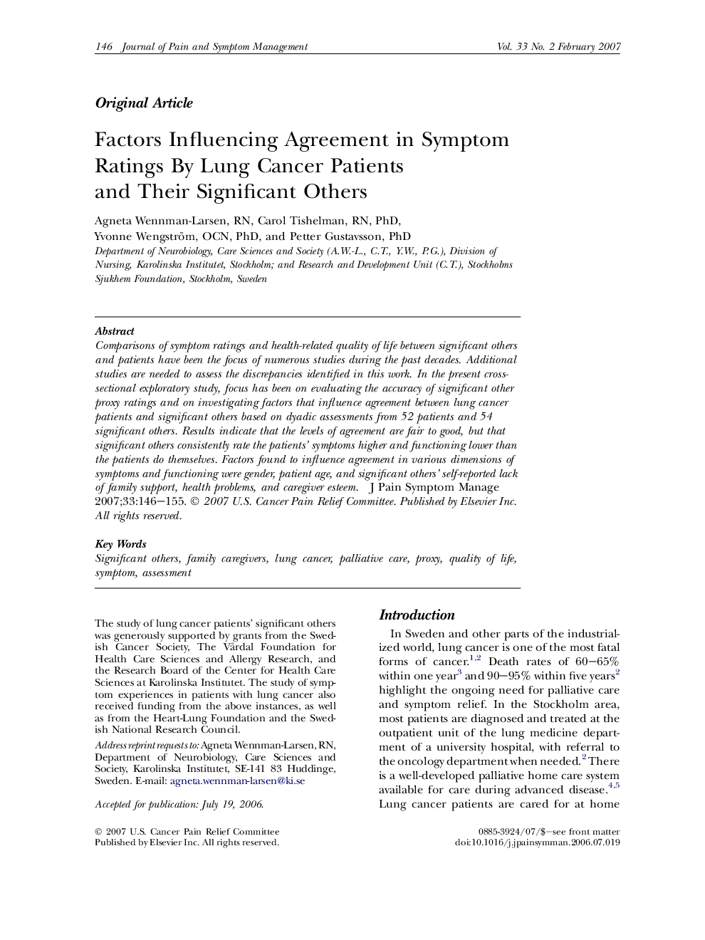 Factors Influencing Agreement in Symptom Ratings By Lung Cancer Patients and Their Significant Others 